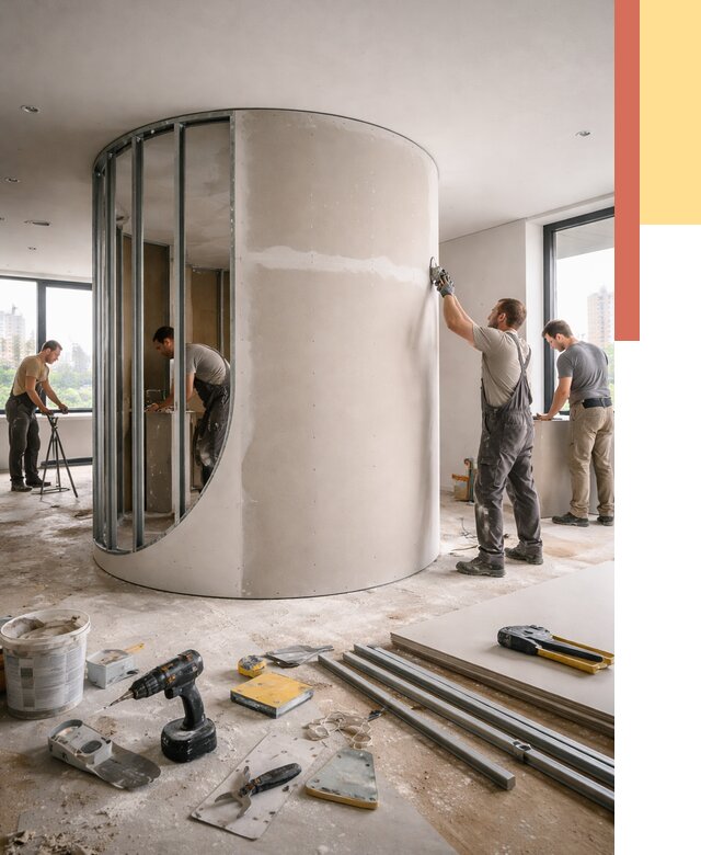 Радиусная перегородка из гипсокартона в Осинниках от 2973 руб. под ключ | ОТДЕЛОЧНИК-Снн