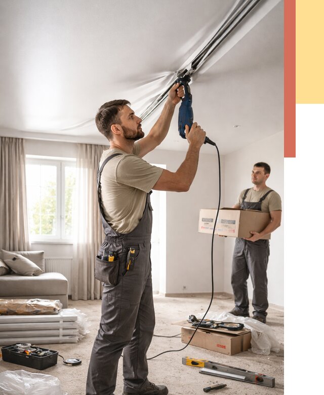 Монтаж сатинового натяжного потолка в Осинниках от 3588 руб. | Быстро, недорого — ОТДЕЛОЧНИК-Снн