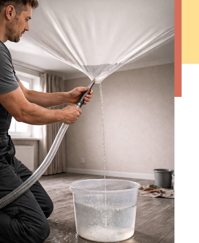 Слив воды с натяжного потолка в Осинниках от 2563 руб. быстро и недорого | ОТДЕЛОЧНИК-Снн