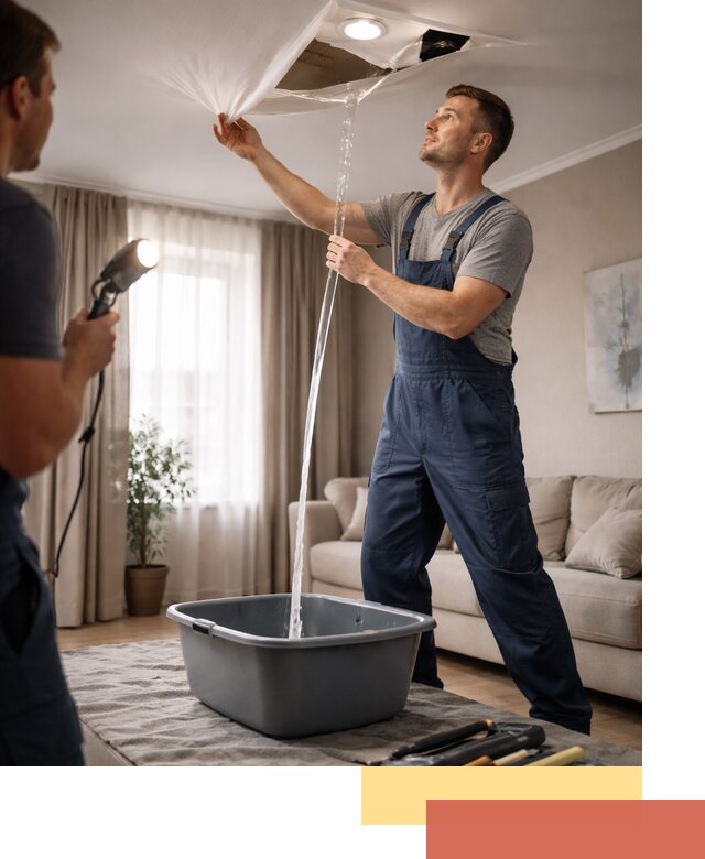 Слив воды с натяжного потолка в Осинниках быстро и аккуратно