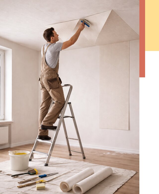 Поклейка обоев на потолок в Осинниках от 4613 руб. быстро и недорого | ОТДЕЛОЧНИК-Снн